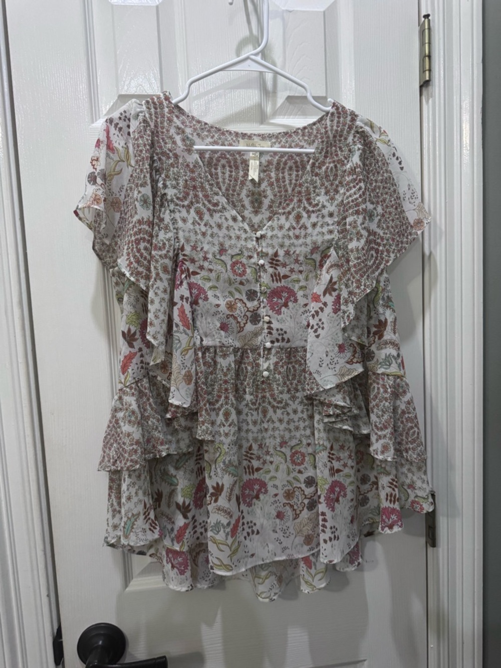Matilda Jane Floral Layered Ruffle Blouse - White with Pink, Green & Tan